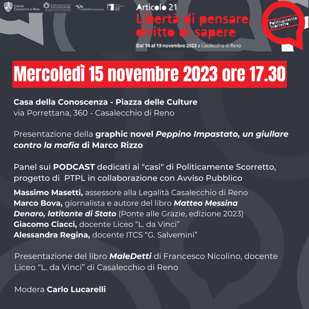 PolScorretto's tweet photo. Iniziamo a svelarvi il 𝗽𝗿𝗼𝗴𝗿𝗮𝗺𝗺𝗮 𝗱𝗶 𝗣𝗼𝗹𝗶𝘁𝗶𝗰𝗮𝗺𝗲𝗻𝘁𝗲 𝗦𝗰𝗼𝗿𝗿𝗲𝘁𝘁𝗼 𝟮𝟬𝟮𝟯 👇
📆 Il 𝟭𝟱 𝗻𝗼𝘃𝗲𝗺𝗯𝗿𝗲 𝗱𝗮𝗹𝗹𝗲 𝗼𝗿𝗲 𝟭𝟳.𝟯𝟬 vi aspettiamo per l'evento 𝑺𝑪𝑼𝑶𝑳𝑨 𝑬 𝑰𝑴𝑷𝑬𝑮𝑵𝑶. Parleremo di mafia e legalità insieme ai più giovani. https://t.co/x606Rr95ho