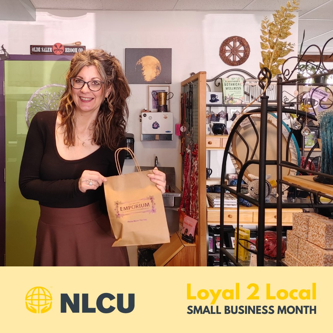 NLCU's tweet image. Communications Specialist Kelly-Anne Meadus spent her #Loyal2Local funds on purchases at The Natural Emporium at Churchill Square, St. John&apos;s. Amanda (shown in photo) opened the shop in 2018. The #shop sells an eclectic collection of giftware, books, stones, jewellery, and more.