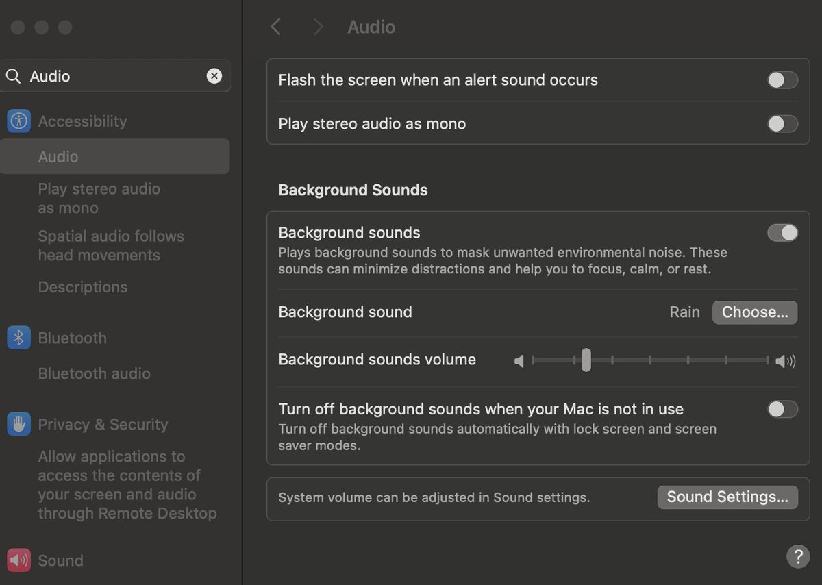 RunahoTheCoder's tweet image. Did you know that you can turn on background sounds in the settings of any Mac?
Listening to ambient sounds can significantly boost productivity. 🚀
These sounds helps to drown out distractions and increase focus.
Just go Settings -> Audio -> Background Sounds
#Productivity