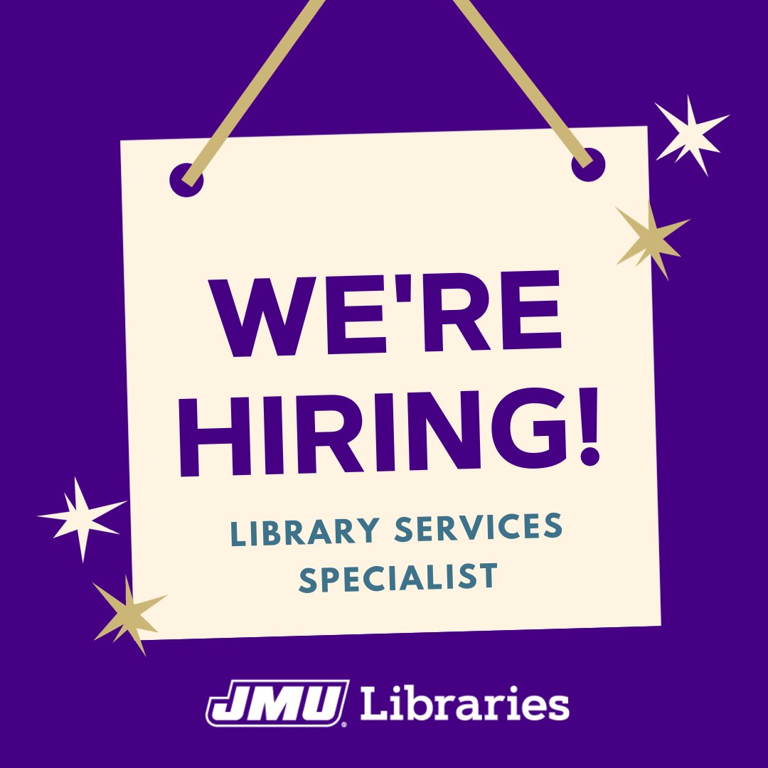 We're hiring a Library Services Specialist! This full-time, mostly nights & weekends position will join a fun and friendly team, supervising everything going on at the front desks. Learn more & apply: joblink.jmu.edu/postings/15789