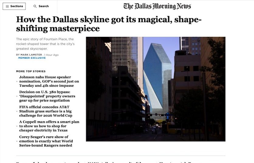 marklamster's tweet photo. it's a good morning when architecture is leading the home page: my story on fountain place, the magical, shape-shifting masterpiece of the dallas skyline. https://t.co/leYjG2n3AE https://t.co/6EyrJooOt1