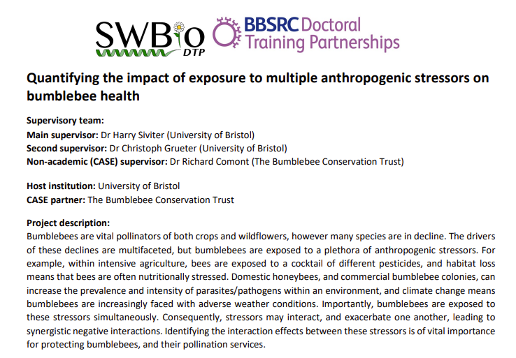 harrysiviter's tweet photo. PhD position. This @SWBio_DTP project will focus on understanding how exposure to multiple anthropogenic stressors influences bumblebees🐝 

Case partnership with @BumblebeeTrust  and co-supervised by @chris_LeDuck @RichardComont 

Link below. Please RT

 https://t.co/zqWjCPyuqg https://t.co/JU3KPhKtgM