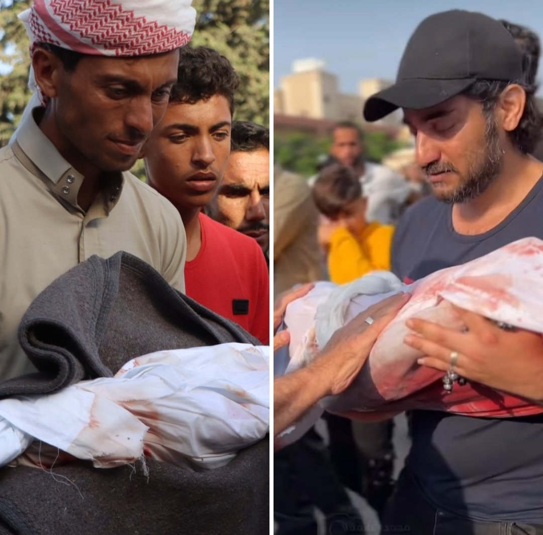 على اليمين فلسطيني من غزة يحمل طفله الذي قتله القصف الإسرائيلي
على اليسار سوري من إدلب يحمل طفله الذي قتله قصف الأسد وروسيا
كلاهما تم قصفه البارحة ظهراً
وكلاهما تم دفنه عصراً
وكلاهما كان واحداً من مجزرة أكبر فيها ضحايا أطفال ونساء
لكن معظم الناس سمعت بالأول ولم تسمع بالثاني