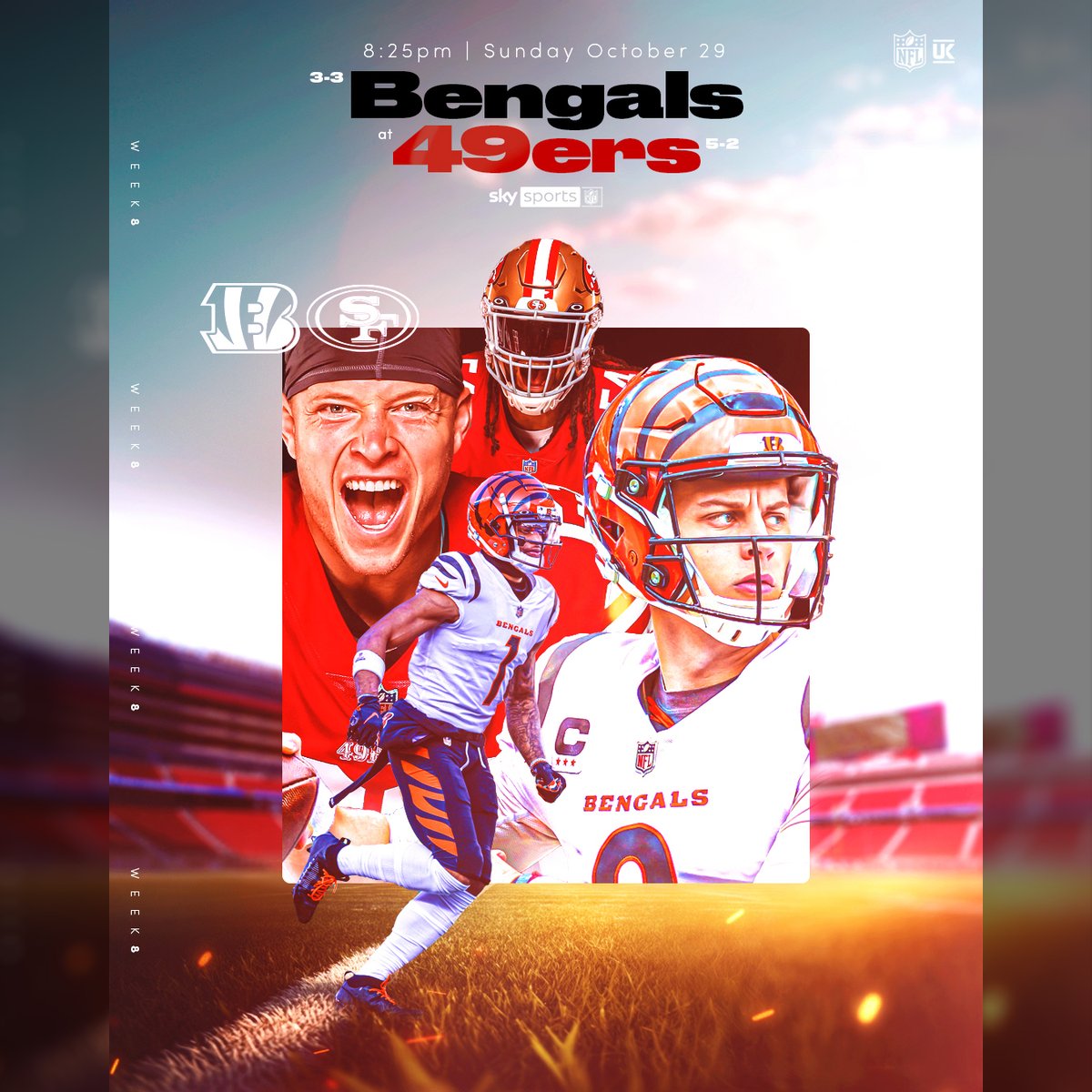 SkySportsNFL's tweet photo. 🚨📺 Week 8⃣ live on Sky Sports NFL!

TNF: Buccaneers @ Bills

Sunday, 5pm: Rams @ Cowboys
Sunday, 8.25pm: Bengals @ 49ers
SNF: Bears @ Chargers

MNF: Raiders @ Lions https://t.co/071Xg8TEsw
