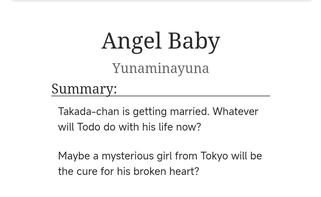 My contribution to the amazing <a href="/JJKOasisZine/">Oasis: A JJK Rare Pair Zine 🏝</a> ♥️ Thank you for the chance to bring my crack ship to life ♥️

🪽 Angel Baby
🪽 Todo/Tsumiki 
archiveofourown.org/works/51102403