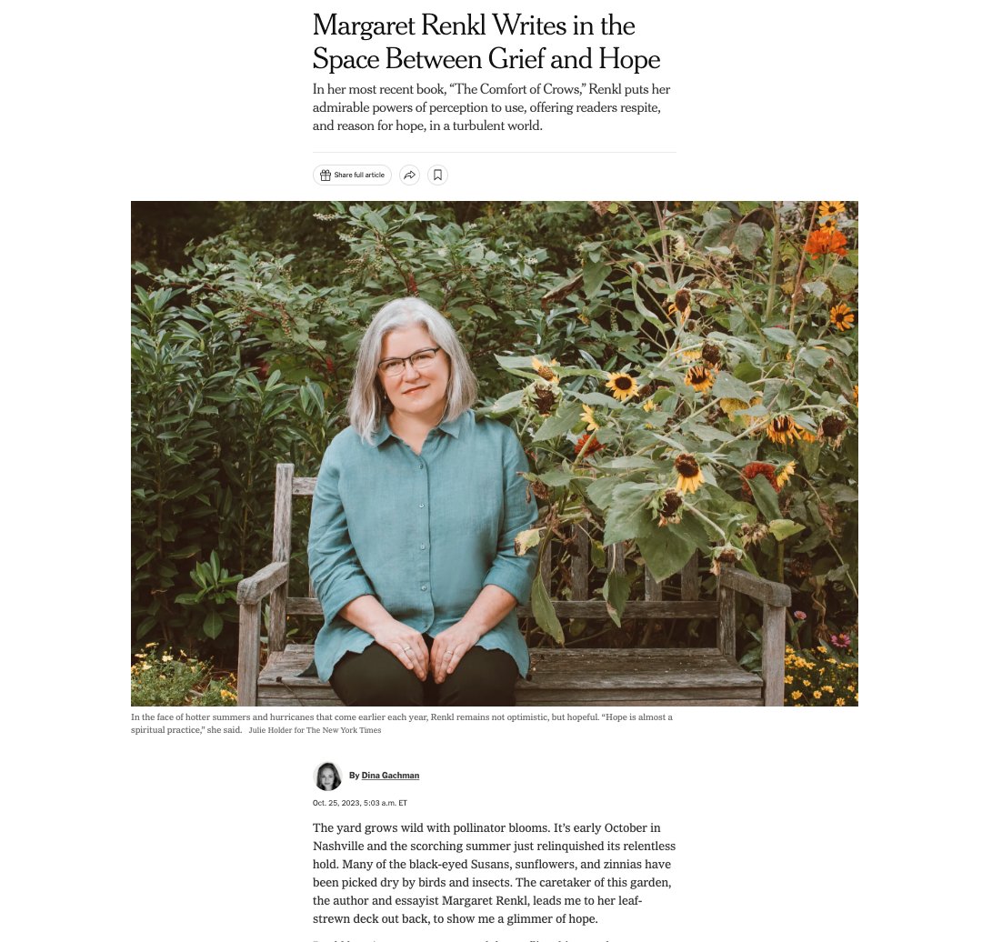 'There’s a line between grief and joy. If I can occupy that exact space, that’s my goal.” For @nytimes I spent an afternoon with Margaret Renkl, talking about nature, hope, and her new book The Comfort of Crows nytimes.com/2023/10/25/boo… @nytimesarts @nytimesbooks @SPIEGELandGRAU