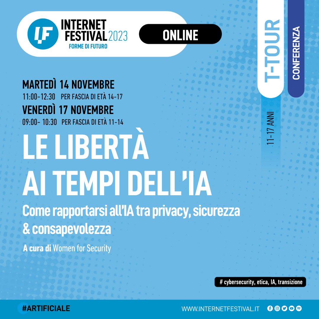 Come possiamo rapportarci all’#IA in termini di #privacy, #sicurezza e #consapevolezza? La #conferenzaonline, a cura di @WomenForSec, su LE LIBERTA’ AI TEMPI DELL’IA si propone di riflettere su questi temi analizzandone i confini e i limiti. INFO:internetfestival.it/programma/le-l…