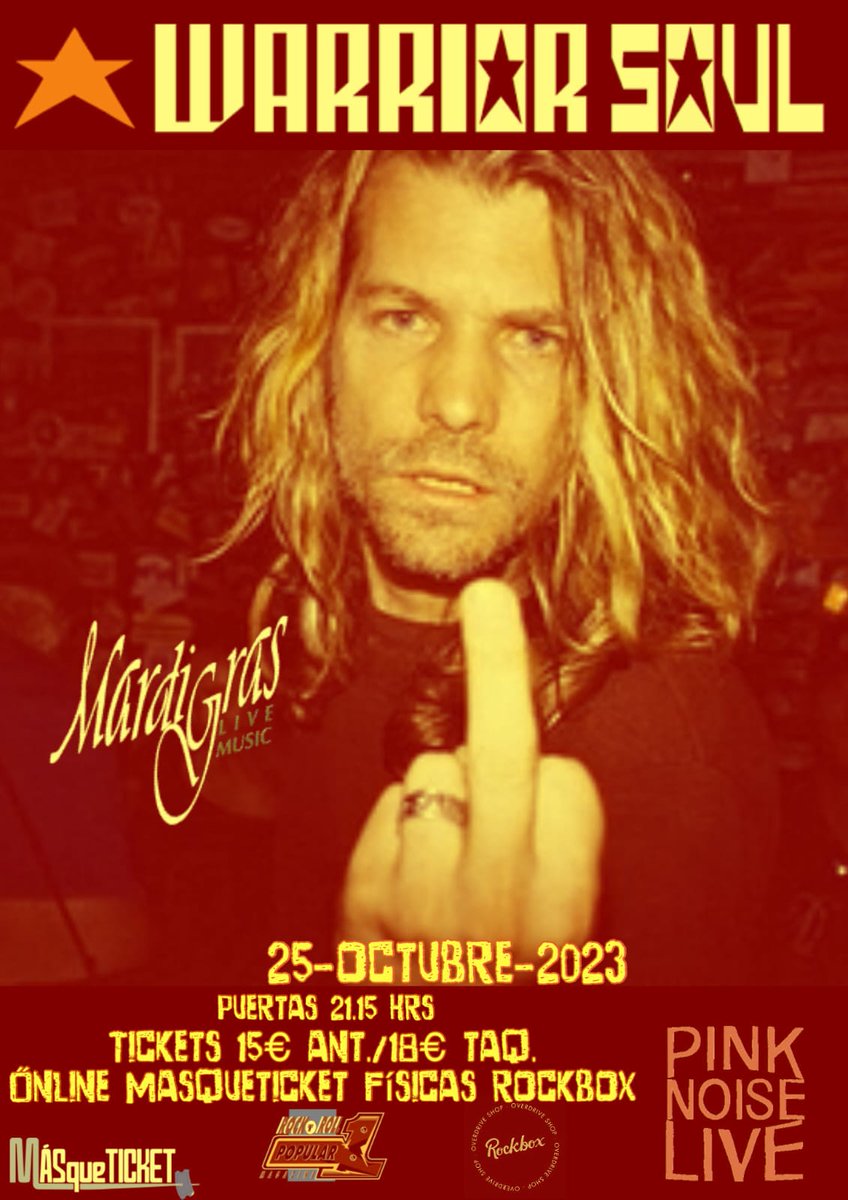 Esta noche llegan a la <a href="/SalaMardiGras/">Sala MardiGrasCoruña</a> los estadounidenses <a href="/realwarriorsoul/">WARRIORSOULOFFICIAL</a> a descargar toda su energía!

Apertura puertas 21:15h
Inicio concierto 21:40h

Entrada taquilla 18€
Entrada anticipada 15€ en <a href="/masqueticket/">MASqueTICKET</a>
masqueticket.com/entradas/warri…

#acoruña #coruña 
#hardrock