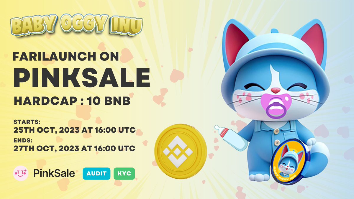 Baby_OggyInu's tweet photo. Baby Oggy Inu - Fairlaunch on Pinksale starting today at 16:00 UTC
Pinksale: https://t.co/obF0Yz6xUq
Prepare for takeoff with Baby Oggy Inu!
#BabyOggyinu #BabyOggy #Oggy #BNB #1000x https://t.co/yV7dDJJ0u3