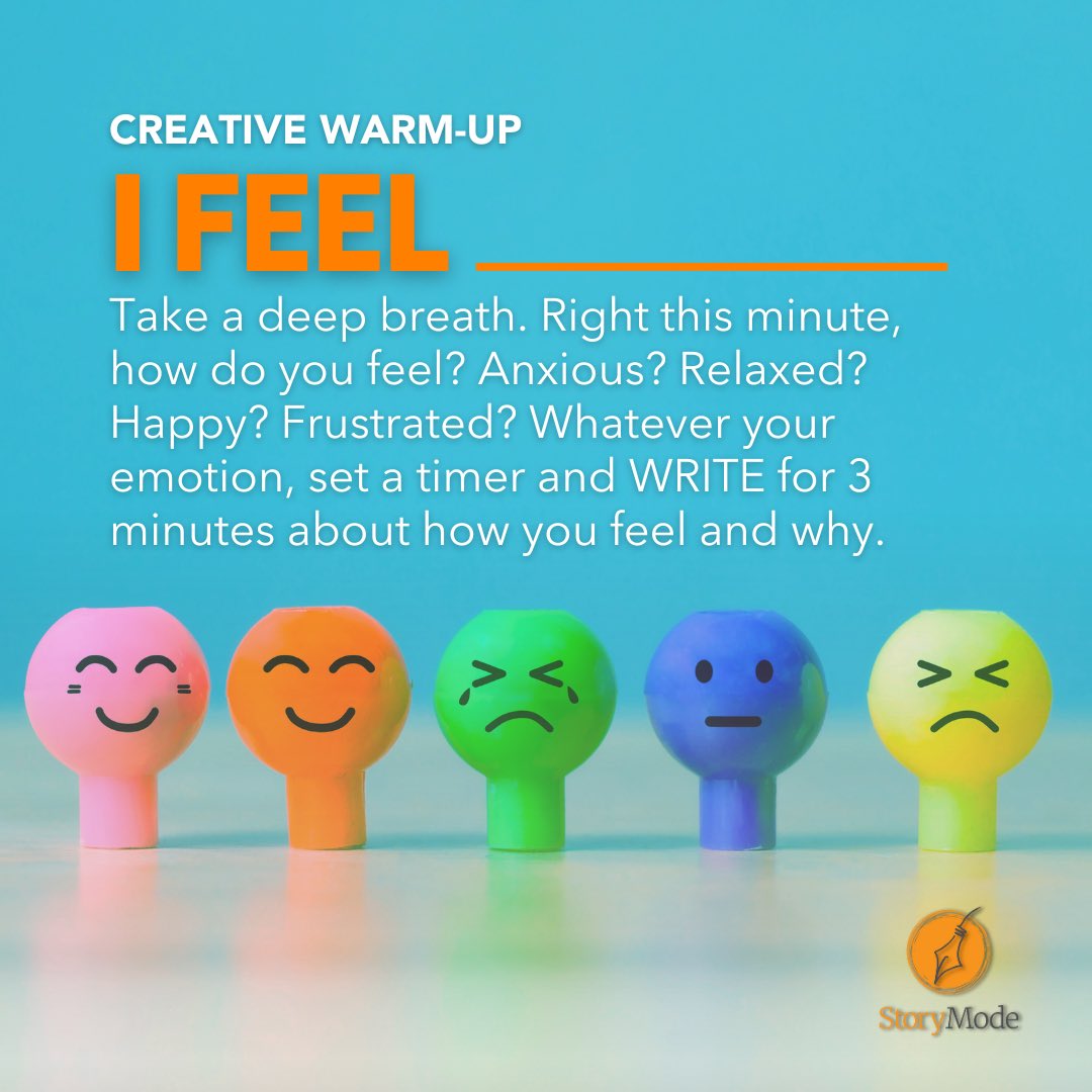 instorymode's tweet image. How do you feel right now? Anxious? Relaxed? Happy? Frustrated? WRITE for 3 minutes about how you feel and why. In Story Mode Circle, we use prompts like this to remember we're human. Join us!  #RefuseToBeBoring #GetInStoryMode #creativewarmup instorymode.com/circle-solo/