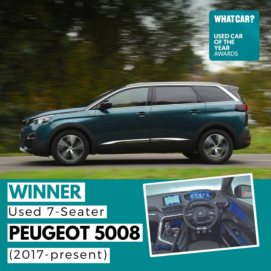 whatcar's tweet photo. Moving onto the best Used Seven-Seater of the Year.

Our winner offers…

✨  A plush interior
✅  Exceptional practicality
🛠 Good reliability

It’s the Peugeot 5008! 🎉🎊

💷 Used prices start from £16,000

#WhatCarAwards  #UsedCarAwards https://t.co/JHPQLtG5wr