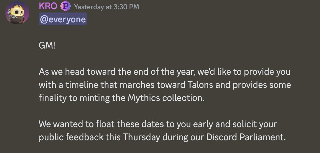 _JKNFT_'s tweet photo. For all @moonbirds, Mythic Eggs, and Diamond Exhibition pass holders not active in the discord, there was an announcement from @kevinrose on a rough timeline for wrapping up the Oddity burn, Mythics roll out, and DE to make way for the upcoming $Talons marketplace.

Check it out! https://t.co/CwE3EBHVEj
