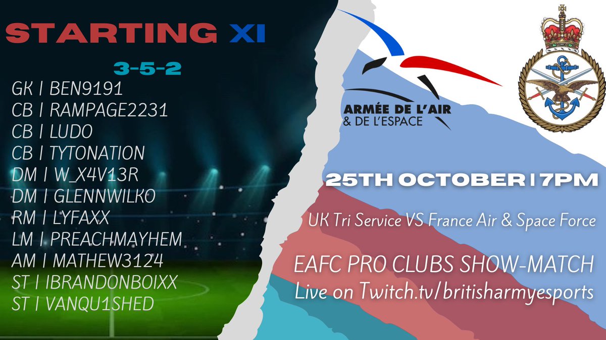 Fancy a kickabout? ⚽

Tonight the #MoD Tri-Services team lines up against <a href="/armeedelair/">armeedelair</a> for a friendly as they go head to head on @easportsfc

Tune in to show your support
🎥 Twitch.tv/BritishArmyEsp…
⏰ 7pm GMT

#esports #football #friendly #gaming #gamers #proclubs #BeTheBest
