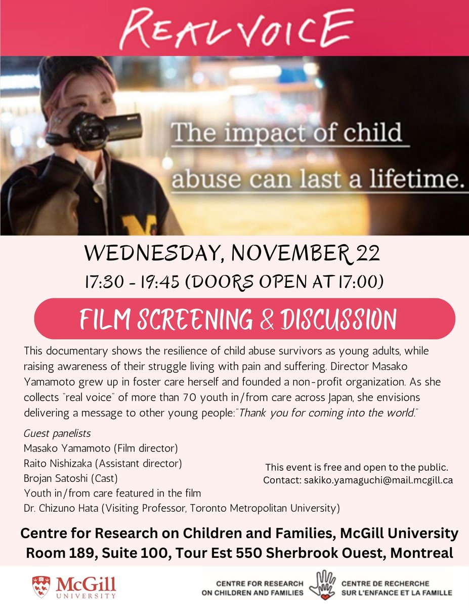 Centre for Research on Children and Families (@crcf_cref) on Twitter photo Film Screening - Real Voice: The impact of child abuse can last a lifetime mcgill.ca/crcf/channels/… via @McGillU . Email sakiko.yamaguchi@mail.mcgill.ca to register for this free event. Film Screening - Real Voice: The impact of child abuse can last a lifetime mcgill.ca/crcf/channels/… via @McGillU . Email sakiko.yamaguchi@mail.mcgill.ca to register for this free event.