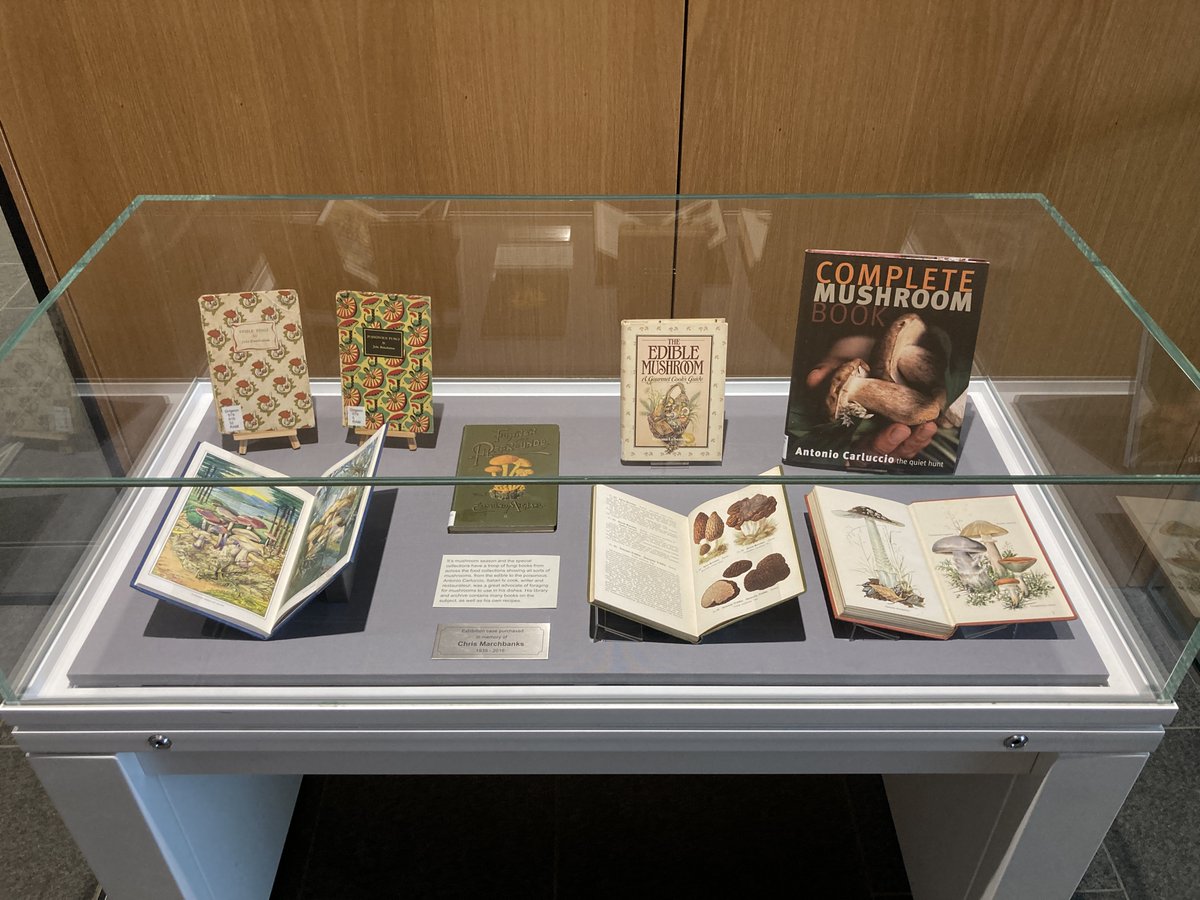 We've updated the display case on level 1 of Headington library with a whole troop of mushroom books from the libraries of Antonio Carluccio and Jane Grigson, both held in the Special Collections.