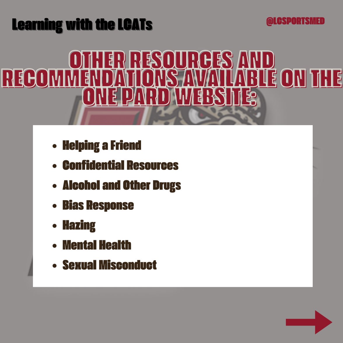 LCSportsMed's tweet photo. Ep. ✌🏽 of Learning with the LCATs🐆‼️
•
ONE PARD‼️
•
🤔 Remember “One Pard”? 
Here is the information you’ve been waiting for!! Swipe right to learn more about One Pard, an amazing resource for our Lafayette community! 
•
#LafayetteCollege #sportsmed #LCATs https://t.co/HcY28OPioe