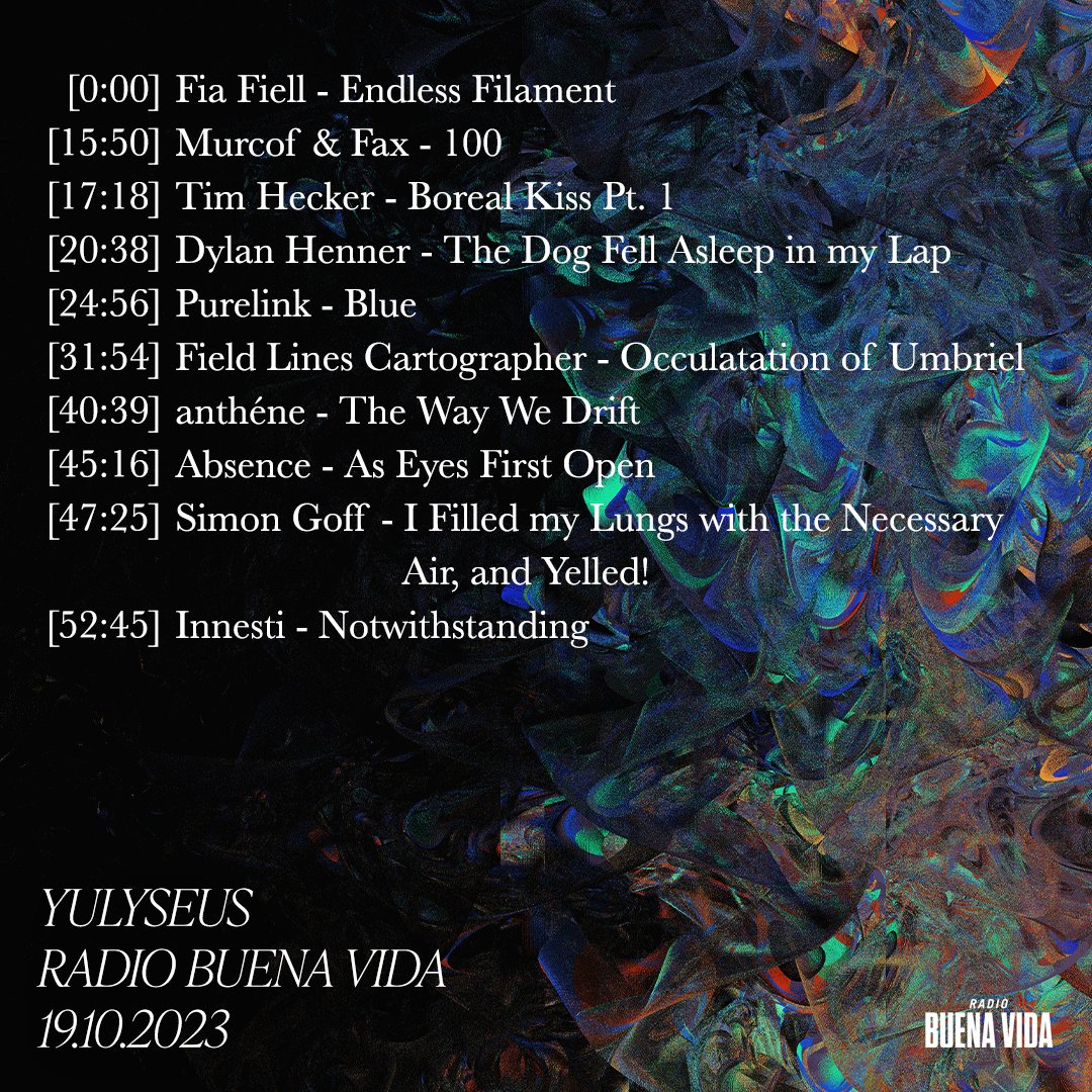 YULYSEUS_'s tweet photo. Latest @RadioBuenaVida show up for playback.

Tracks from 

@fiafiell 
@Murcof 
@tim_hecker 
@DylanHenner
@FLCartographer 
@Innesti2 

...and more whose twitter handles I can't find...

Link in comments. https://t.co/xKEvCw2cVM