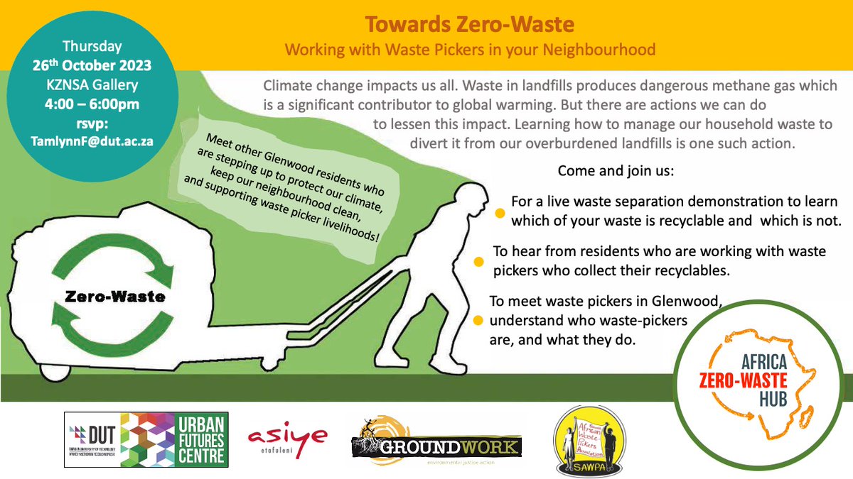The #WarwickZeroWaste Team will be hosting an event in Glenwood tomorrow that brings together residents and waste-pickers in their shared #zerowaste goals.

Event: Towards #ZeroWaste: Working with Waste-Pickers in Your Neighbourhood
Time: 16h00 - 18h00
Venue: <a href="/kznsagallery/">KZNSA</a>
