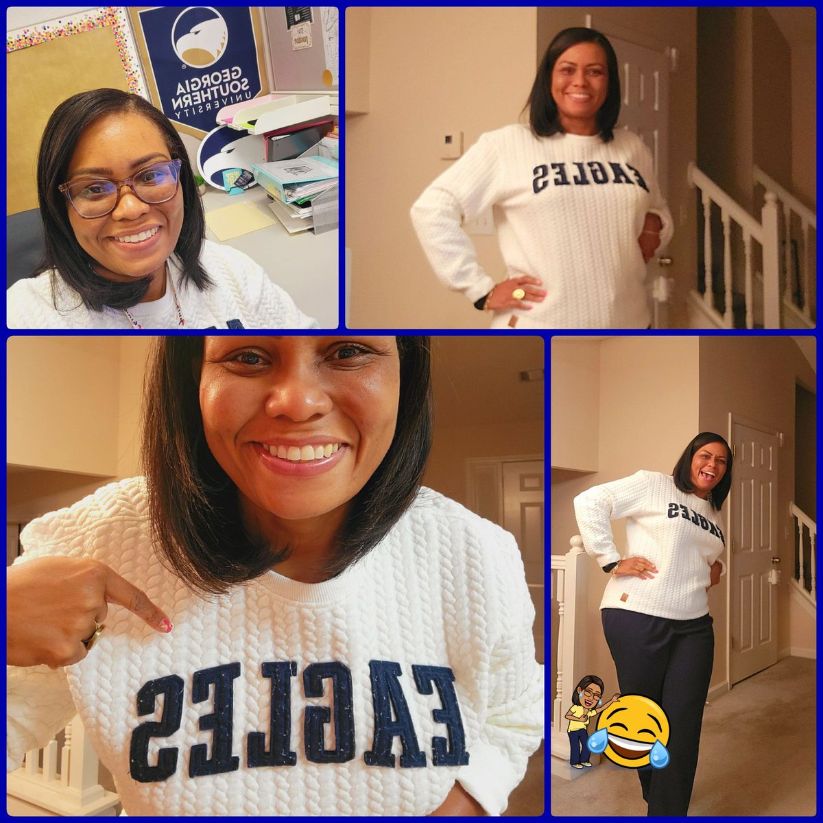 drabaker2014's tweet photo. Who's excited about tomorrow night's game?? 🙋🏽‍♀️  Repping my Eagles in the office today! Statesboro bound tomorrow. Shout-out to @SXCStatesboro for the cutest team sweatshirt ever! #HailSouthern #GATA #GSAlumni #BeatState #HailSouthern #pouncethepanthers https://t.co/2t5i3jDMek