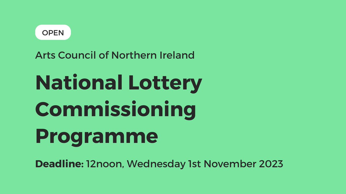 1 week to apply to our #NationalLottery Commissioning Programme.

Awards of up to £25,000 available to enable the widest possible range of organisations to commission new work across all artform areas. Proposals may also be cross-artform.

artscouncil-ni.org/funding-for-or…