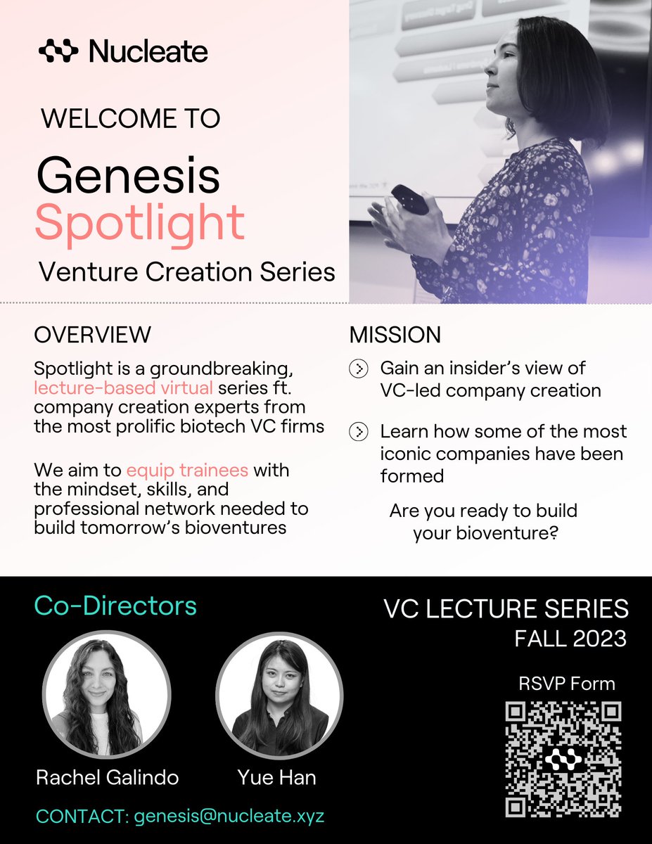 Announcing 2023 Spotlight Lecture Series on Venture Creation!

Join us for an open-access, virtual lecture series showcasing key venture creation strategies and featuring company case studies starting November 15th.

RSVP: airtable.com/appKP4gLMS3kFB…