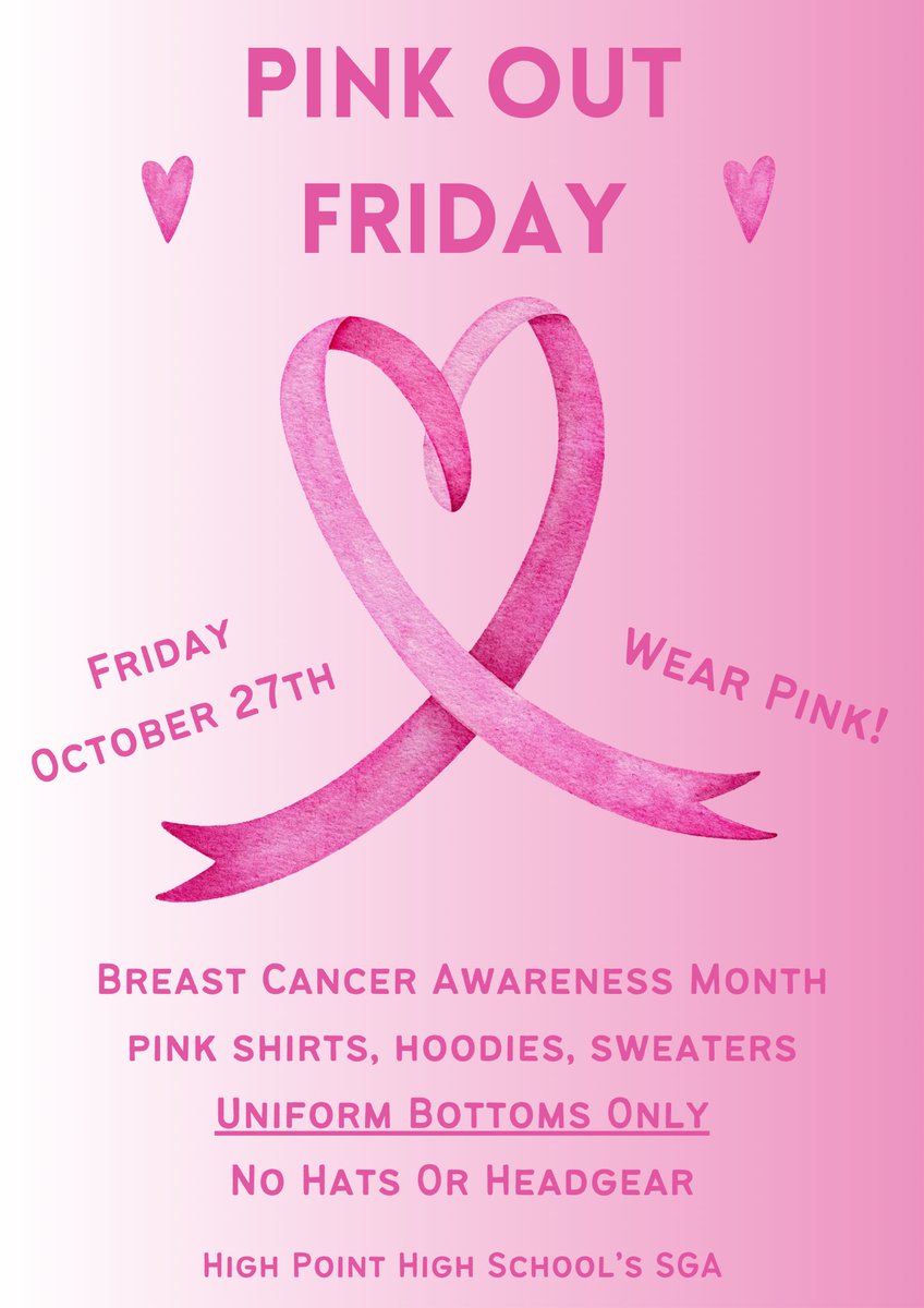 High Point’s SGA is bringing awareness by sponsoring “Pink Out Day” this Friday, October 27 for Breast Cancer Awareness. #HPUnited #PinkOctober #BreastCancerAwarenesMonth @pgcps @Dr_Ed_Ryans