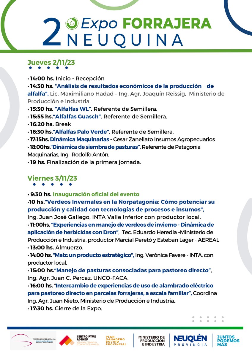 ¿Qué vamos a compartir en la 2da Expo Forrajera neuquina? 🌱🌱
Mirá el programa 👇
¡Sumate!