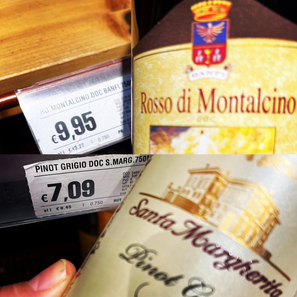 #winepricing Love to check wine prices all over the supermarkets aisles in Europe. Surprised by this two big time selling labels in the USA . #rossodimontalcino from #banfivintners  and the famous Pinot Grigio of all times #SantaMargherita . #priceofwine #italianwines🇮🇹