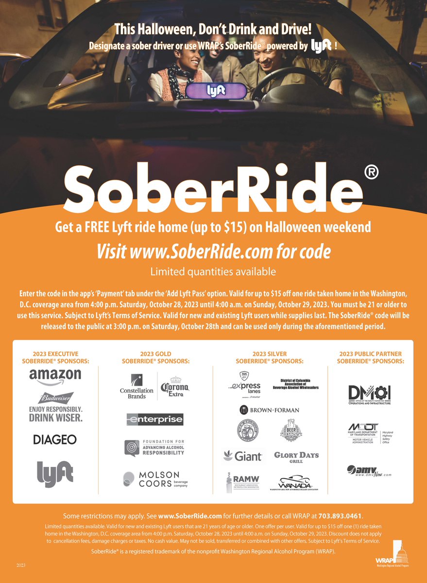 Free Halloween Lyft Rides THIS Weekend (4:00 pm Saturday, 10/28 through 4:00 am Sunday, 10/29) in Greater Washington to Prevent Drunk Driving 🎃 #SoberRide SoberRide.com wrap.org/free-halloween…