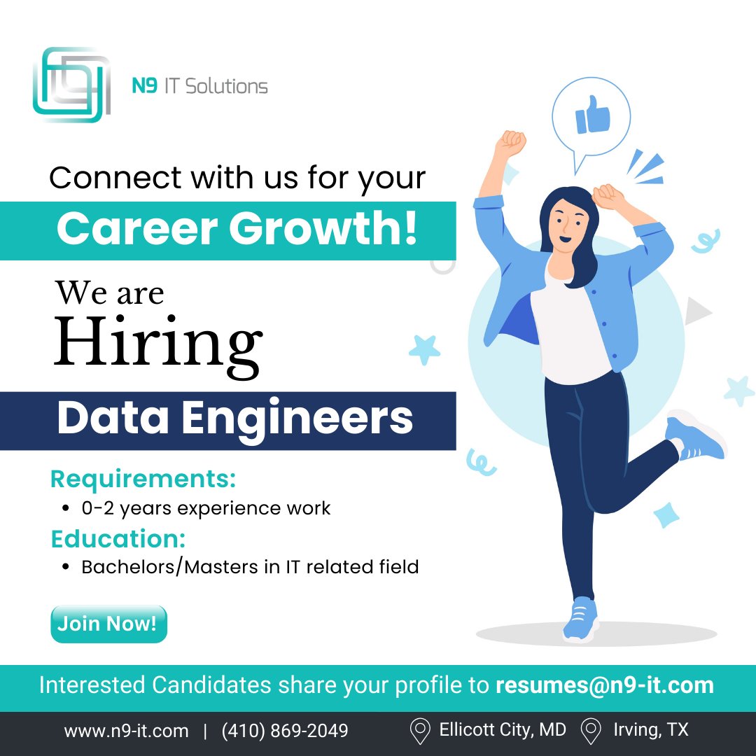 We are Hiring for the positions of Data Engineers in our USA location. Just mail your resume to resumes@n9-it.com Contact us for more details - +1 410-869-2049 Website - n9-it.com . . . #DataEngineeringJobs #datasciencejobs #bigdatajobs #machinelearningjobs