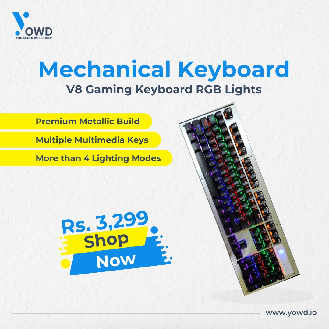 yowdstore's tweet image. Unleash the Gaming Experience with a Mechanical Gaming Keyboard  

- Premium Metallic Build 
- Multiple multimedia keys 
- More than 4 lighting modes
  
Shop now!  
shorturl.at/shortener.php 

#gamingkeyboard #yowd #RGBMagic #multimediakeys