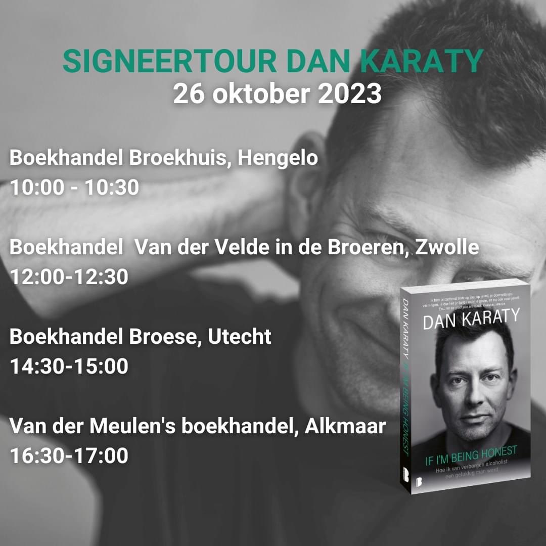 SuzannePlug's tweet image. Last minute, maar ontzettend leuk! Morgen op tour met @DanKaraty Hij signeert zijn boek bij @boekBroekhuis in #hengelo, @VDVeldeBoeken in de Broeren in #Zwolle,  @Broese_utrecht in #Utrecht en we eindigen in #alkmaar bij Van der Meulen’s @Vdmboekhandel #ifimbeinghonest Join us!