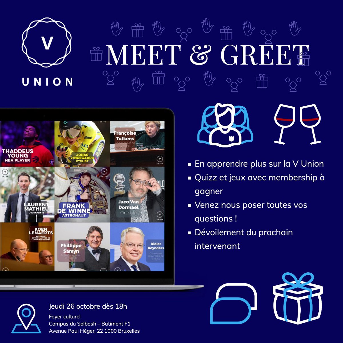 V_Union_ULB's tweet photo. Venez nous rencontrer demain dès 18h au Foyer culturel de @ULBruxelles à l’occasion d’un Meet&amp;Greet !

L’occasion pour vous d’en savoir plus sur nous et nos activités, de nous poser vos questions et plus encore 🤫😉

#VUnionULB https://t.co/4ERlTx4VX8