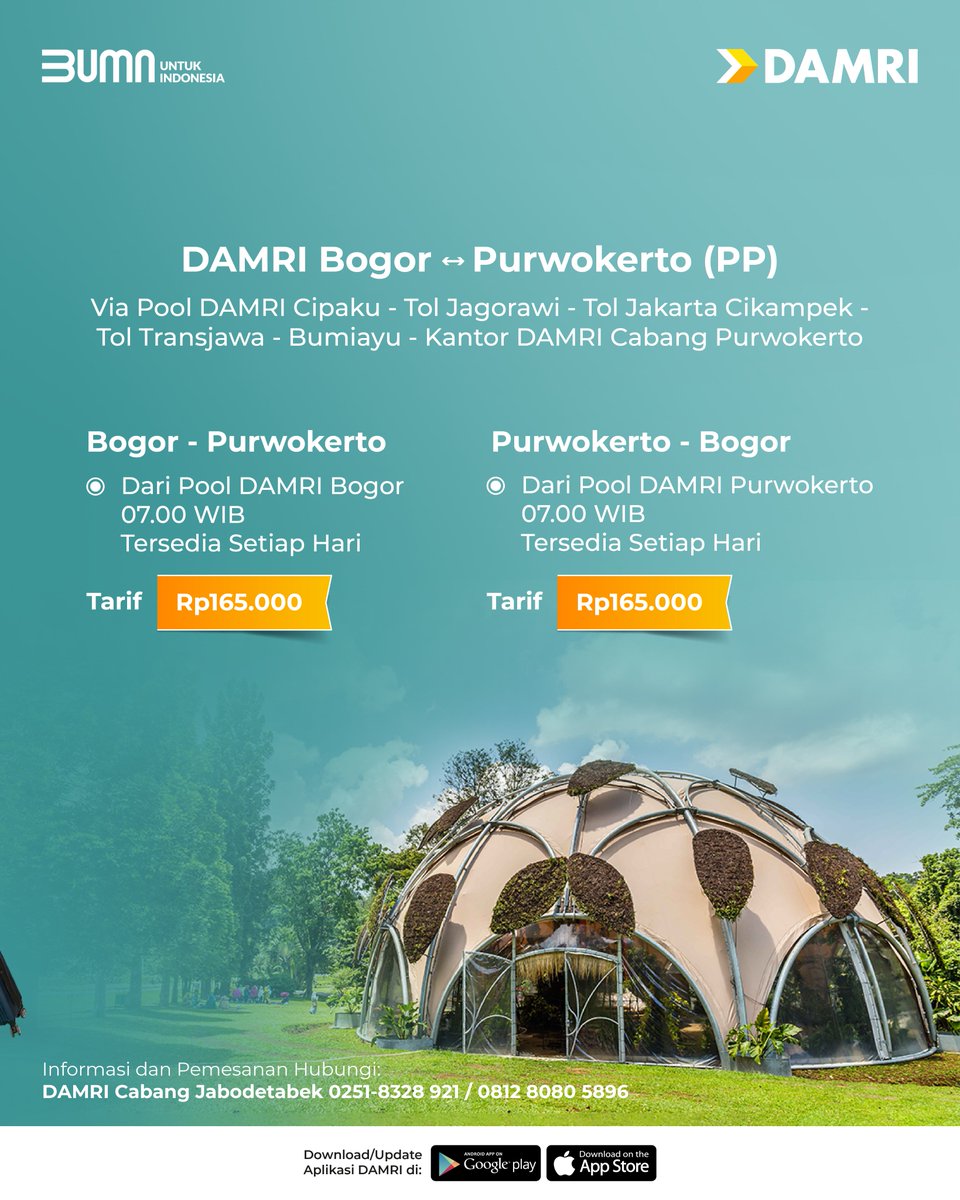 DamriIndonesia's tweet photo. Dikasih info maszeh๐
Udah tau belum Sob? DAMRI melayani rute Bogor - Purwokerto pulang pergi lho! Penasaran sama jadwal & tarifnya? Langsung cus cek gambarnya~
DAMRI, #SolusiPerjalananmu!
#Bogor #Purwokerto #BusAKAP #DAMRI #AKAP https://t.co/DOj7hvnfPs