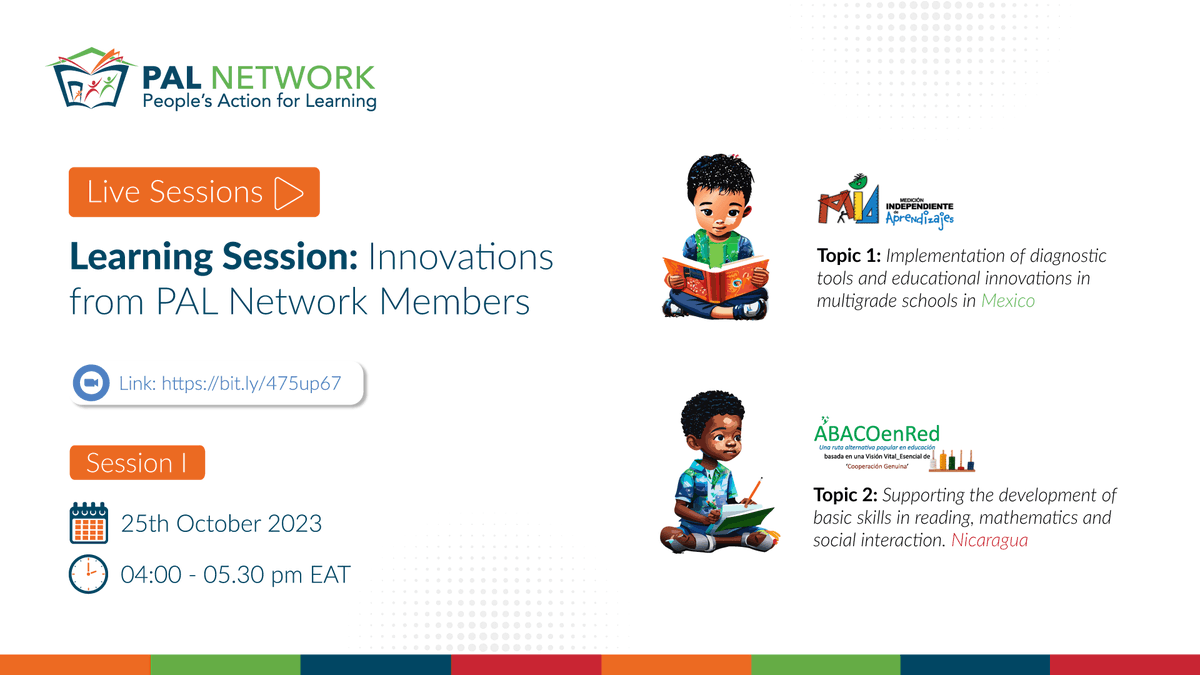 palnetworkHQ's tweet photo. Starting Now!🚀 Join us at 4:00 pm EAT, 8:00 am CST, 2:00 pm WAT, and 6:30 pm IST. Come learn and engage with innovative educational projects from our members in Nicaragua and Mexico.

Register or join here:🔗https://t.co/OQzrhb7aRA

#EvidenceForLearning #PALNetwork https://t.co/rrdZP9a9sa