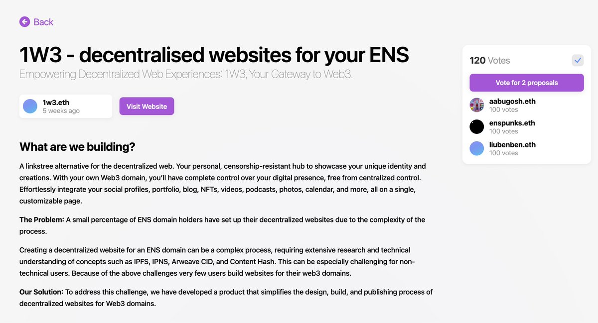 We kindly ask for your support in voting for 1W3. Your vote empowers us to further develop the platform, and deliver exceptional service. Together, we're shaping the future of the internet. Thank you for being a part of this journey!

1W3 URL: ensgrants.xyz/rounds/30/prop…
