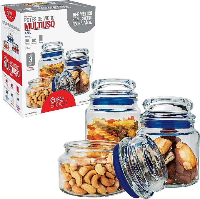 Conjunto Potes de Vidro Multiuso 3 Peças Euro Azul