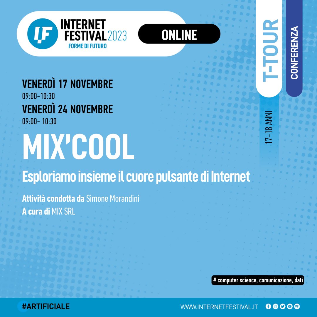 Simone Morandini conduce MIX’COOL, la #conferenza T-TOUR organizzata da MIX srl, per le classi IV e V delle scuole di 2° ad indirizzo informatico, in cui esploreremo il cuore pulsante di #Internet. #Online dalle h9 alle 10.30 del 17 e 24 novembre. INFO: internetfestival.it/programma/mixc…