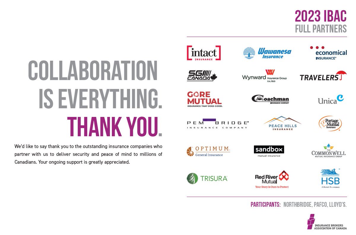 IBACanada's tweet photo. COLLABORATION IS EVERYTHING. THANK YOU.
We’d like to say thank you to the outstanding insurance companies who partner with us to deliver security and peace of mind to millions of Canadians. Your ongoing support is greatly appreciated.
@IBACanada  #BIP35 https://t.co/jku5bWqjUF