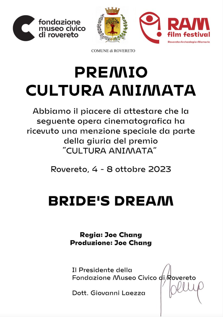 Joe888886's tweet photo. The animated short:
"Bride's Dream" by Joe Chang
Received Special mention "Cultura Animata" RAM film festival 2023 https://t.co/9OzkY36YzG