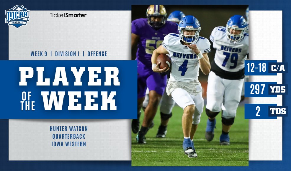 Hunter Watson 🤝 Player of the Week

The <a href="/GoReivers/">Iowa Western Reivers</a> QB went 12-18 with 2⃣9⃣7⃣ total yards, 1⃣ passing TD and 1⃣ rushing TD. With this performance, Watson is the #NJCAAFootball DI Offensive Player of the Week, presented by <a href="/TicketSmarter/">TicketSmarter</a>! 🏈

#NJCAAPOTW