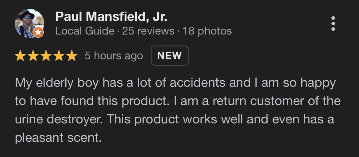 BigBentleysPS's tweet photo. ⭐️⭐️⭐️⭐️⭐️ Check out this recent 5 star review we received for our Urine Destroyer! Get your bottle today at https://t.co/azBY7Y1jJQ 

#bigbentley #urinedestoyer #local #petsupply #familyowned #shopky #supportlocal https://t.co/902Ru9BH83