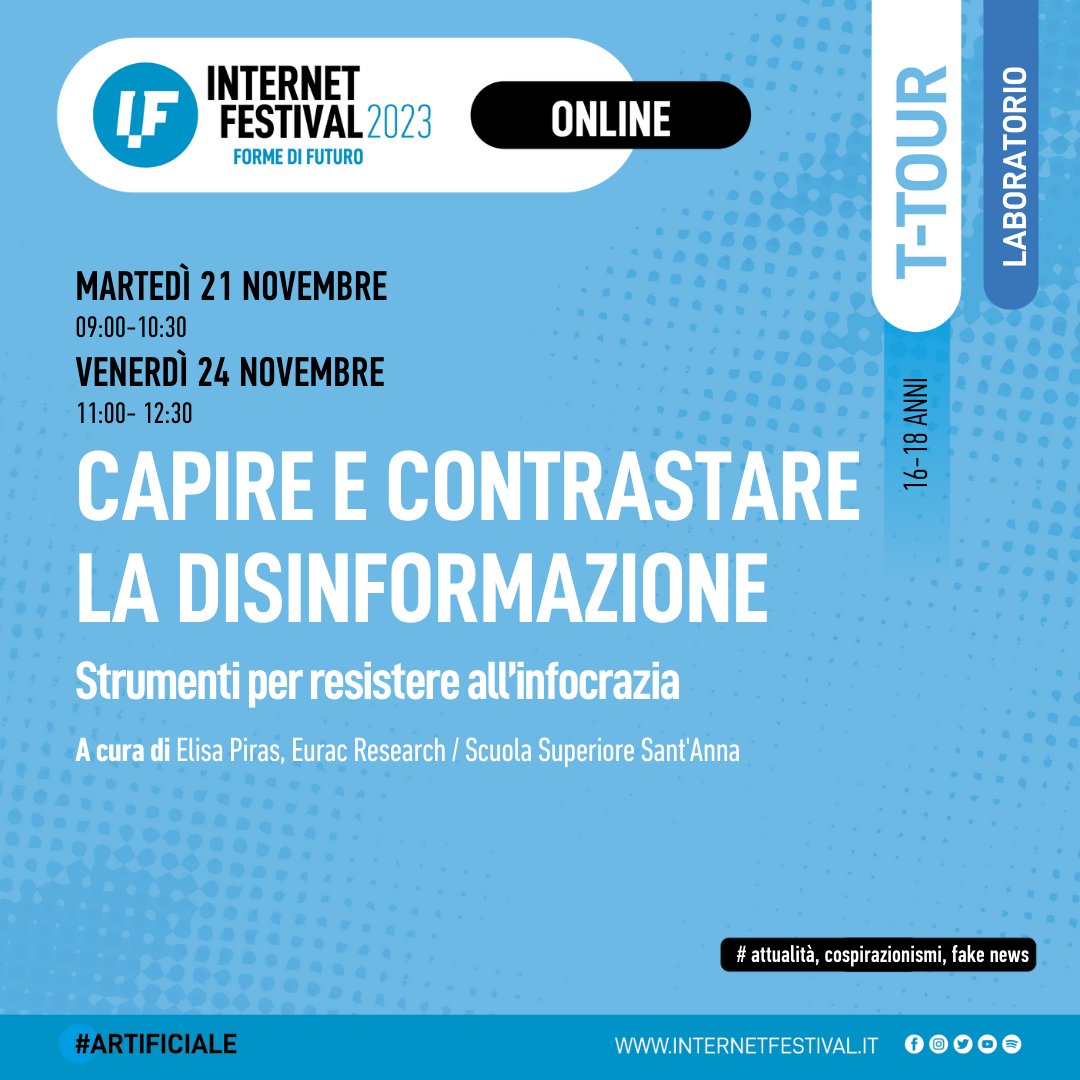 Internet Festival (@internetfest) on Twitter photo Il #Ttour CAPIRE E CONTRASTARE LA DISINFORMAZIONE, a cura di <a href="/zirighetta/">Elisa Piras</a> e <a href="/ScuolaSantAnna/">ScuolaSantAnna</a>, è un #laboratorionline per ragazzə sulle caratteristiche tecniche delle notizie manipolate al fine di contrastarne la diffusione.
ℹ️internetfestival.it/programma/capi… Il #Ttour CAPIRE E CONTRASTARE LA DISINFORMAZIONE, a cura di <a href="/zirighetta/">Elisa Piras</a> e <a href="/ScuolaSantAnna/">ScuolaSantAnna</a>, è un #laboratorionline per ragazzə sulle caratteristiche tecniche delle notizie manipolate al fine di contrastarne la diffusione.
ℹ️internetfestival.it/programma/capi…