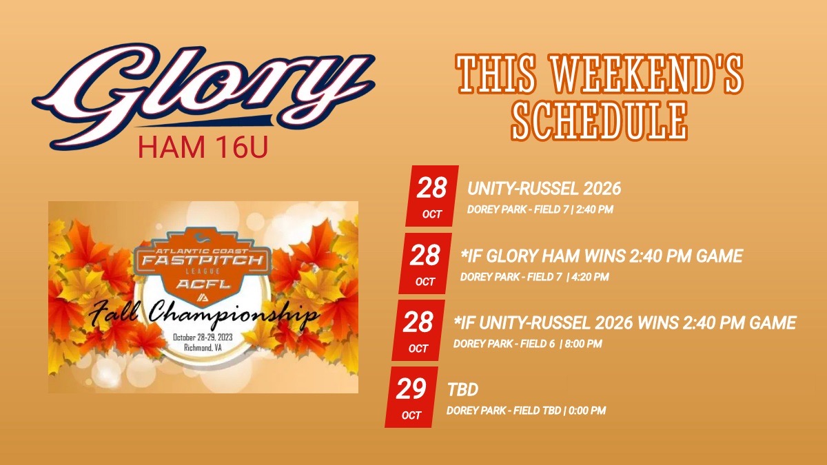 VAGloryHam's tweet image. We’ll be at the @ACFLfastpitch Fall Championship this weekend outside of Richmond, VA. First game is Saturday at 2:40pm. Time for second game is dependent on the results of the first in a double-elimination style tournament. #NoGutsAllGlory #ACFLfastpitch #AllianceFastpitch