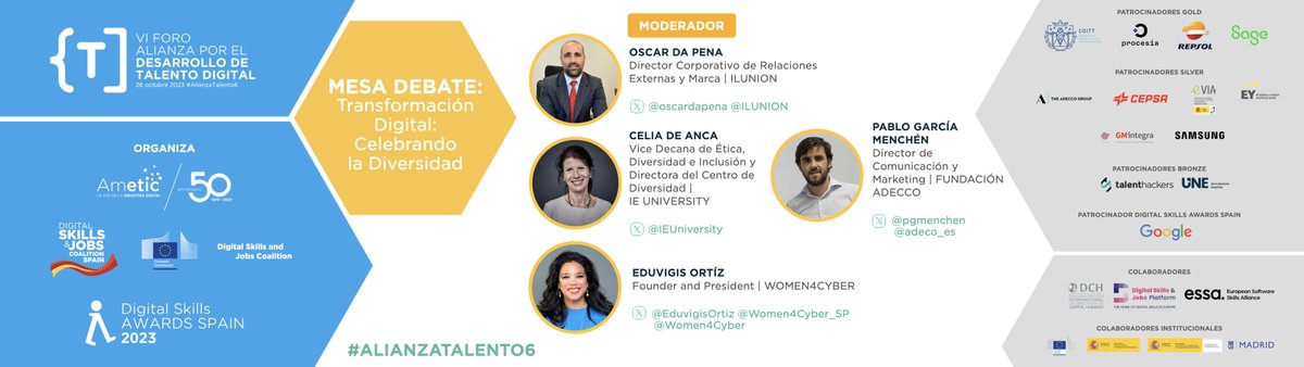 AMETIC (@ametic_es) on Twitter photo <a href="/LucasGonzalezEU/">Lucas González Ojeda</a> <a href="/ComisionEuropea/">Comisión Europea en España</a> <a href="/SEDIAgob/">S.E. Digitalización e Inteligencia Artificial</a> <a href="/efpuertas/">Enrique Fernandez Puertas</a> <a href="/Repsol/">repsol</a> <a href="/enriqueserranom/">Kike Serrano</a> <a href="/JLMZabala/">Jose Luis M. Zabala</a> <a href="/SageSpain/">Sage Spain</a> <a href="/Cepsa_ES/">María Hernández</a> <a href="/Cepsa/">XXXXXXXX</a> <a href="/MaicaEnrique/">Maica Enrique</a> <a href="/gmintdrarrhh/">GM Integra RRHH</a> <a href="/SamsungEspana/">Samsung España</a> <a href="/luispardo1/">Luis Pardo Céspedes</a> <a href="/CCNCERT/">CCN-CERT</a> <a href="/Procesia1/">Procesia</a> <a href="/XavierMarcet/">Xavier Marcet</a> <a href="/LeadtochangeLTC/">Lead to Change</a> <a href="/coitt_aegitt/">COITT - telecos.zone</a> <a href="/EduardoVa1encia/">Eduardo Valencia</a> <a href="/Bizum_ES/">Bizum</a> <a href="/unicomplutense/">Complutense</a> <a href="/diazalejoelena/">Elena Diaz-Alejo</a> <a href="/OrgDCH/">DCH | Directivos de Capital Humano</a> <a href="/santalucia_seg/">Santalucía Seguros</a> ➡️Turno en #AlianzaTalento6 para la Mesa 02: "Transformación Digital: celebrando la #diversidad" con:
🗣️<a href="/EduvigisOrtiz/">Eduvigis Ortiz</a>, <a href="/Women4Cyber_SP/">Women4Cyber_Spain</a>, @Women4Cyber
🗣️Celia De Anca, <a href="/IEuniversity/">IE University</a>
🗣️<a href="/pgmenchen/">Pablo García Menchén</a>, <a href="/adecco_es/">Adecco</a>
🗣️Moderador: <a href="/oscardapena/">Oscar da Pena</a>, <a href="/ILUNION/">ILUNION</a>
👉🏽Síguelo en directo aquí: <a href="/LucasGonzalezEU/">Lucas González Ojeda</a> <a href="/ComisionEuropea/">Comisión Europea en España</a> <a href="/SEDIAgob/">S.E. Digitalización e Inteligencia Artificial</a> <a href="/efpuertas/">Enrique Fernandez Puertas</a> <a href="/Repsol/">repsol</a> <a href="/enriqueserranom/">Kike Serrano</a> <a href="/JLMZabala/">Jose Luis M. Zabala</a> <a href="/SageSpain/">Sage Spain</a> <a href="/Cepsa_ES/">María Hernández</a> <a href="/Cepsa/">XXXXXXXX</a> <a href="/MaicaEnrique/">Maica Enrique</a> <a href="/gmintdrarrhh/">GM Integra RRHH</a> <a href="/SamsungEspana/">Samsung España</a> <a href="/luispardo1/">Luis Pardo Céspedes</a> <a href="/CCNCERT/">CCN-CERT</a> <a href="/Procesia1/">Procesia</a> <a href="/XavierMarcet/">Xavier Marcet</a> <a href="/LeadtochangeLTC/">Lead to Change</a> <a href="/coitt_aegitt/">COITT - telecos.zone</a> <a href="/EduardoVa1encia/">Eduardo Valencia</a> <a href="/Bizum_ES/">Bizum</a> <a href="/unicomplutense/">Complutense</a> <a href="/diazalejoelena/">Elena Diaz-Alejo</a> <a href="/OrgDCH/">DCH | Directivos de Capital Humano</a> <a href="/santalucia_seg/">Santalucía Seguros</a> ➡️Turno en #AlianzaTalento6 para la Mesa 02: "Transformación Digital: celebrando la #diversidad" con:
🗣️<a href="/EduvigisOrtiz/">Eduvigis Ortiz</a>, <a href="/Women4Cyber_SP/">Women4Cyber_Spain</a>, @Women4Cyber
🗣️Celia De Anca, <a href="/IEuniversity/">IE University</a>
🗣️<a href="/pgmenchen/">Pablo García Menchén</a>, <a href="/adecco_es/">Adecco</a>
🗣️Moderador: <a href="/oscardapena/">Oscar da Pena</a>, <a href="/ILUNION/">ILUNION</a>
👉🏽Síguelo en directo aquí: