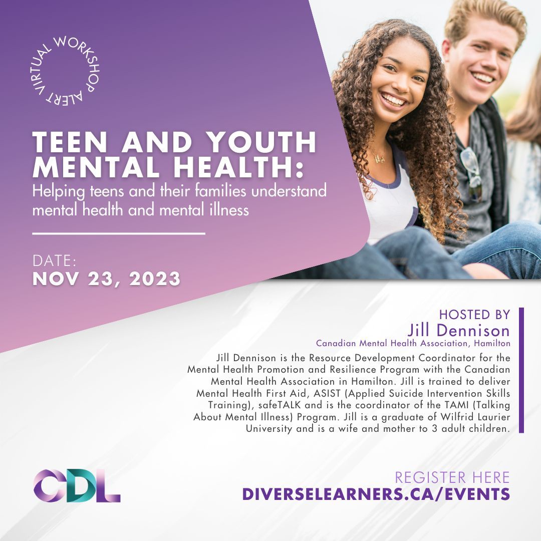 Join us on NOV 23rd, for this #FREE Teen Mental Health VIRTUAL Workop Hosted by: Jill Dennison,  From The Canadian Mental Health Association. 

REGISTER HERE: buff.ly/3QmLmmM 

#MentalHealth #Free #Webinar #TeenMentalHealth