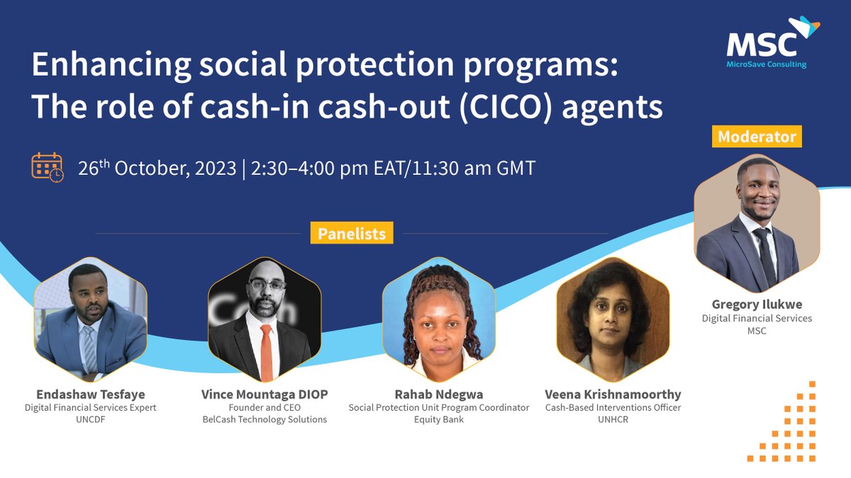 MSC (MicroSave Consulting) (@microsave) on Twitter photo 📢 Last call! You still have a chance to join our webinar 𝐭𝐨𝐦𝐨𝐫𝐫𝐨𝐰 on “Enhancing #socialprotectionprograms: The role of cash-in cash-out (CICO) agents.”
Have you booked your spot? Do not miss out. Click here to register bit.ly/3RVOHdU
<a href="/edObie/">Edward Obiko</a> @GregoryIlukwe 📢 Last call! You still have a chance to join our webinar 𝐭𝐨𝐦𝐨𝐫𝐫𝐨𝐰 on “Enhancing #socialprotectionprograms: The role of cash-in cash-out (CICO) agents.”
Have you booked your spot? Do not miss out. Click here to register bit.ly/3RVOHdU
<a href="/edObie/">Edward Obiko</a> @GregoryIlukwe
