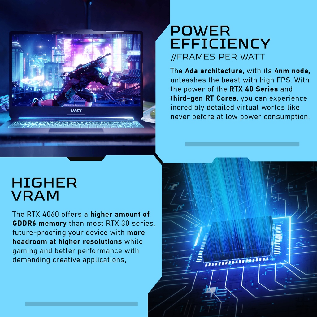 msigaming's tweet image. Hesitating between buying an RTX 4060/50 or RTX 3050 gaming laptop? Here's why RTX 40 series should be recommended.

#GPU #RTX40 #RTX30 #DLSS #Raytracing #Gaminglaptop #Cyborg #ThinGF63