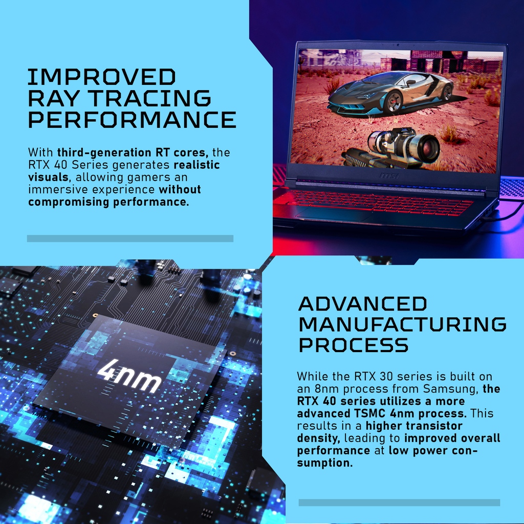 msigaming's tweet image. Hesitating between buying an RTX 4060/50 or RTX 3050 gaming laptop? Here's why RTX 40 series should be recommended.

#GPU #RTX40 #RTX30 #DLSS #Raytracing #Gaminglaptop #Cyborg #ThinGF63