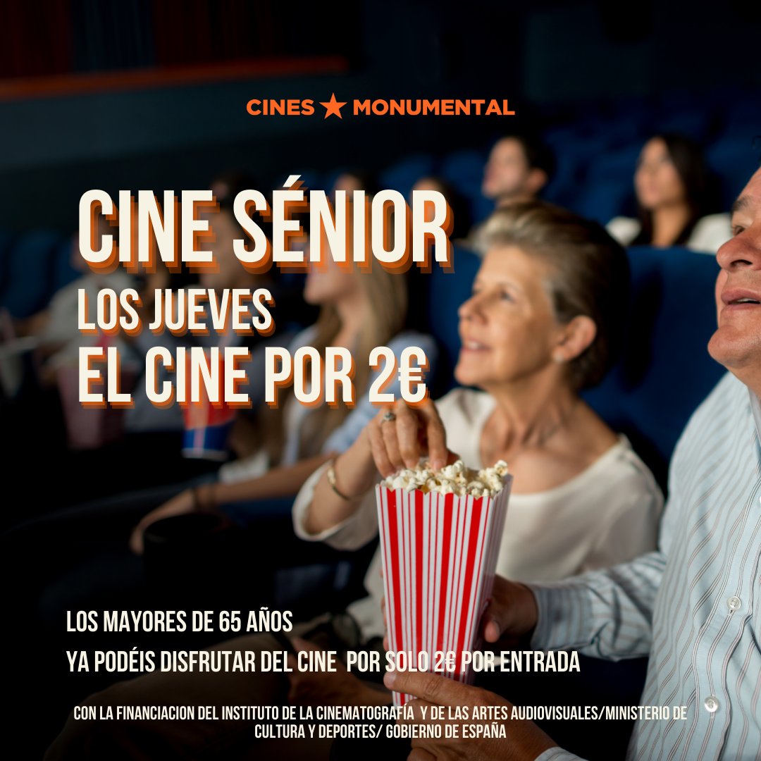 Si eres mayor de 65 años, ¡ya puedes disfrutar de tus JUEVES de Cine por solo 2€!

¿Cómo? ¡Facilísimo! Presenta tu DNI en el punto de venta del cine 😇 Y disfruta del #CineSenior en Cines Monumental ✨

#cinesmonumental #cinesalmeria #almeria